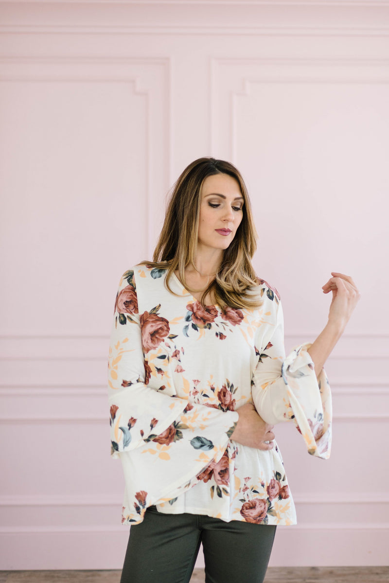 The Sadie Floral Bell Sleeve Top in Cream