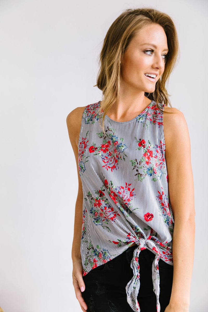 Tie-Front Flowers And Stripes Top