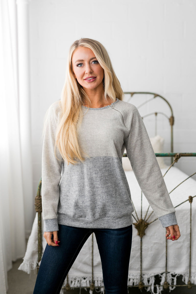 Two Shades Of Gray Angled Zip Top - ALL SALES FINAL
