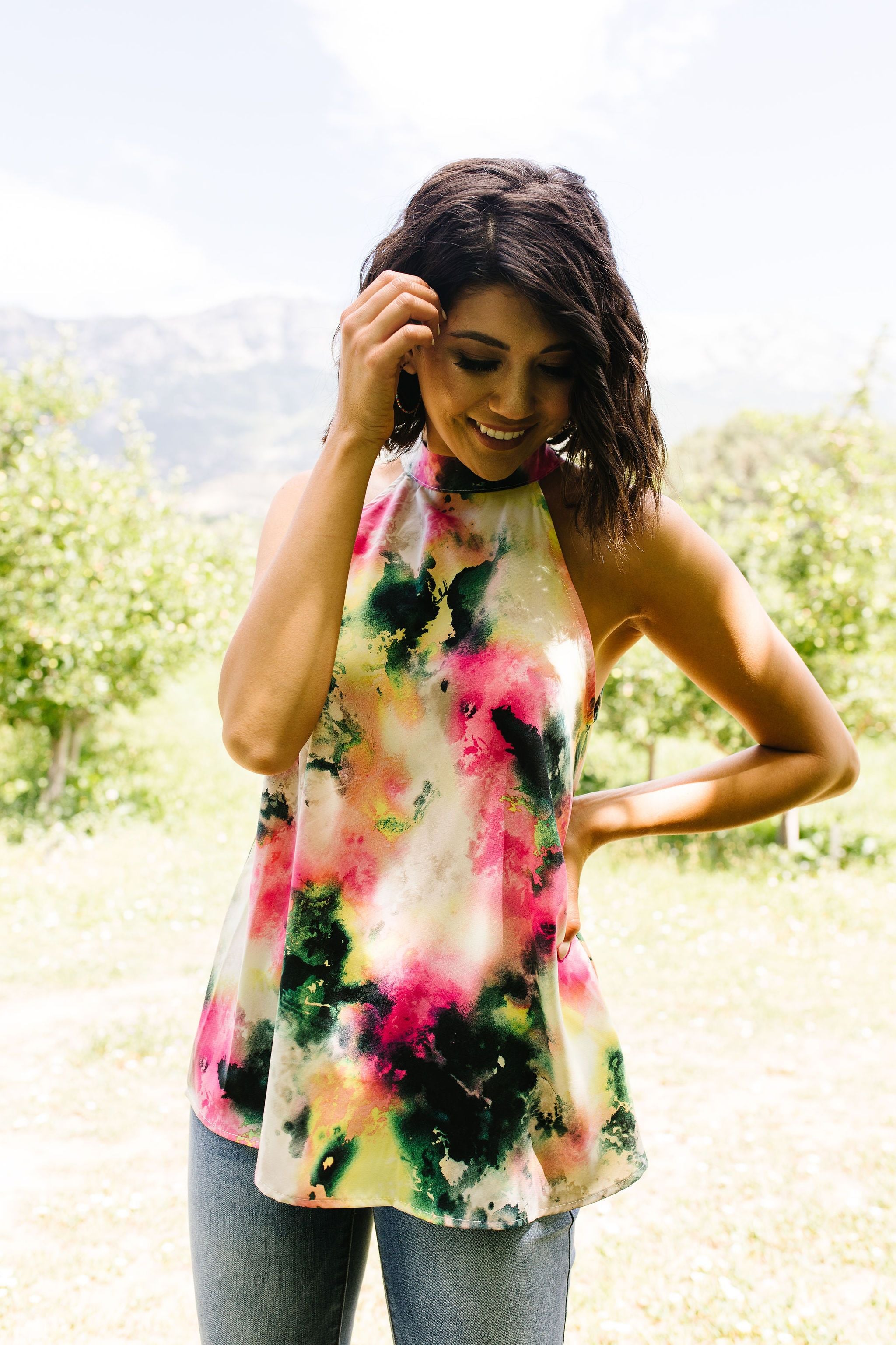 Watercolor Tie Dye Garden Halter Top