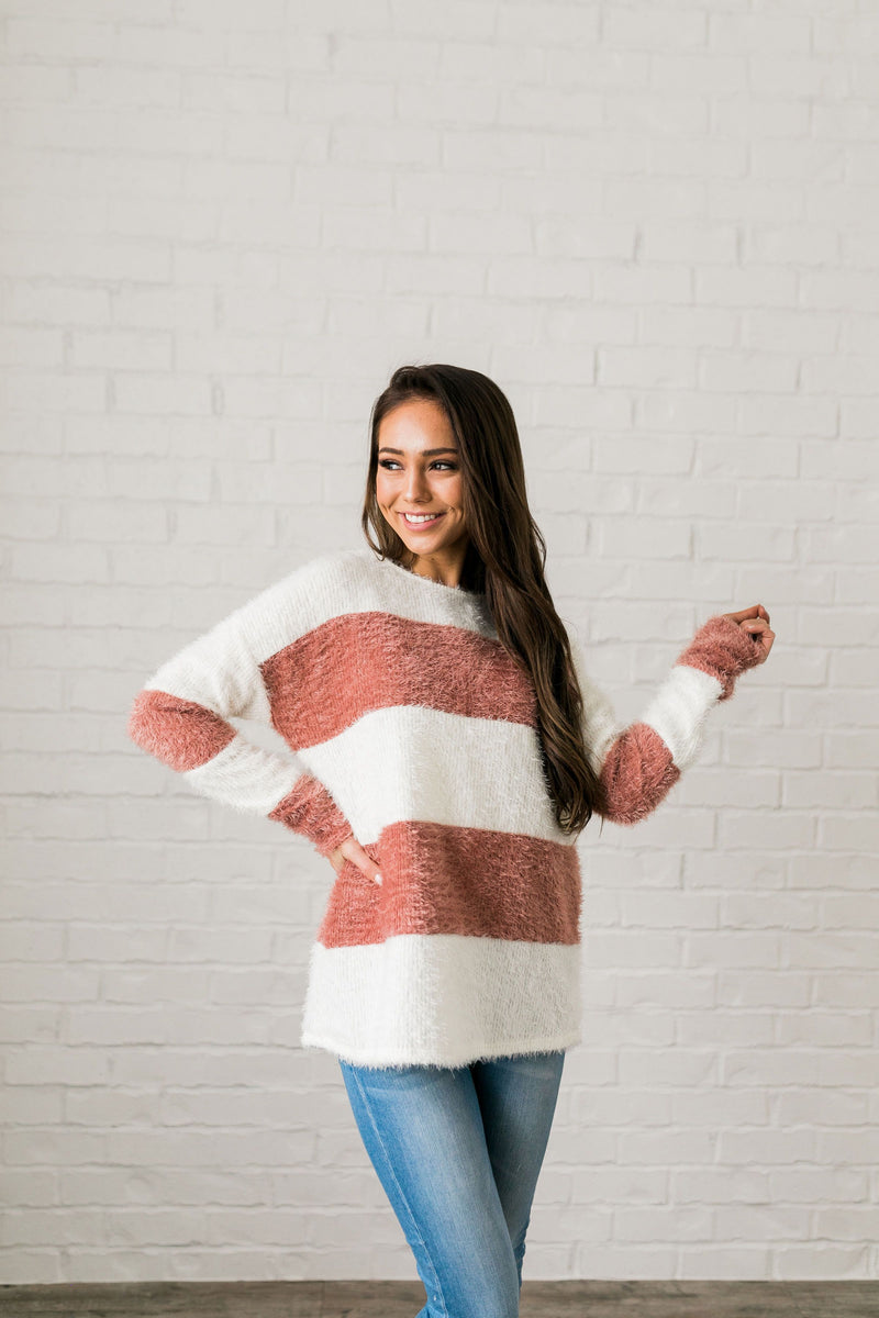 Wide Stripe Eyelash Sweater In Mauve + Ivory - ALL SALES FINAL