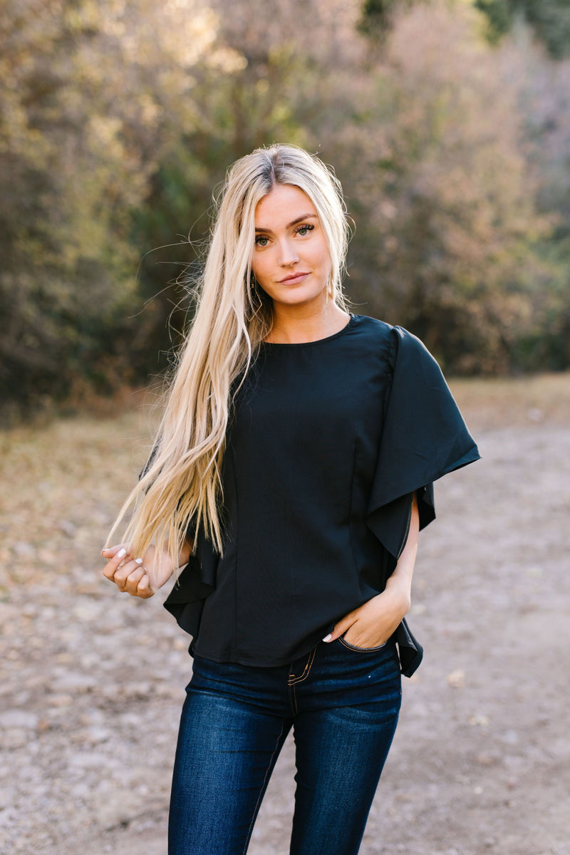 Wing And A Prayer Ruffle Sleeve Blouse in Black