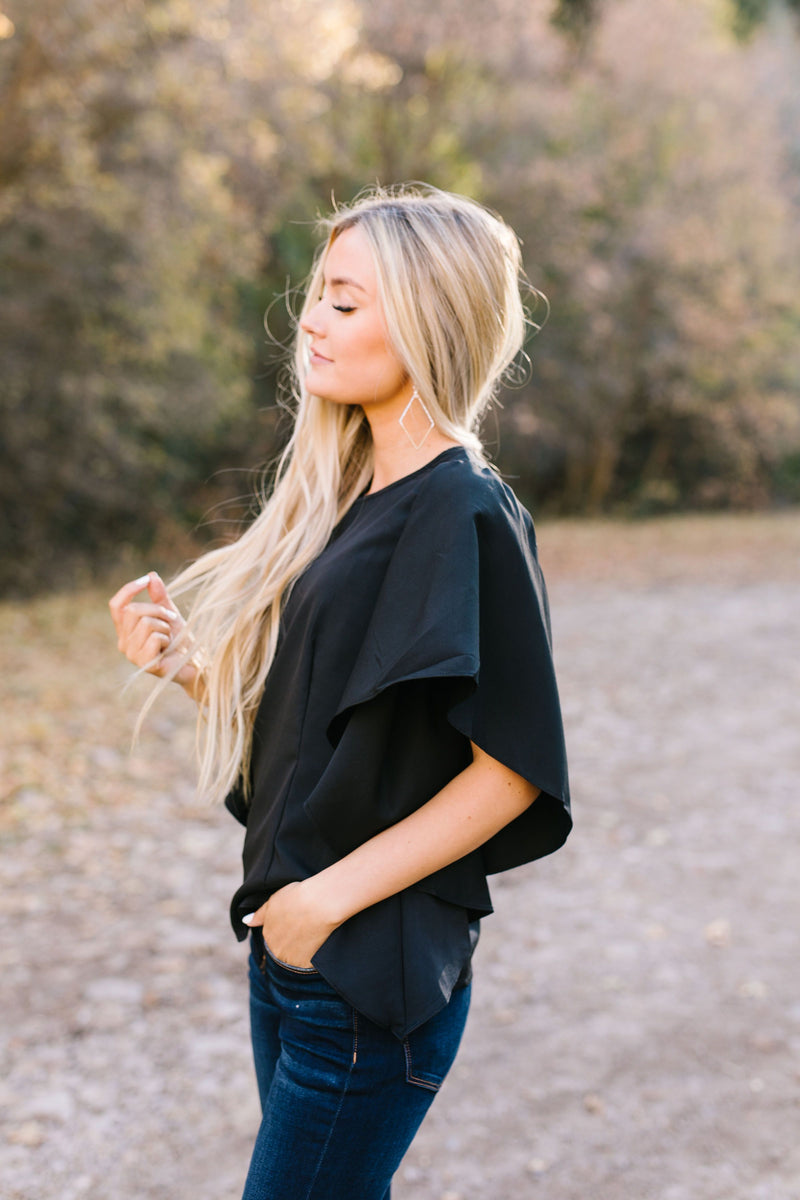 Wing And A Prayer Ruffle Sleeve Blouse in Black