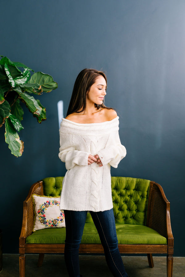 Winter White Cable Knit Off The Shoulder Sweater - ALL SALES FINAL