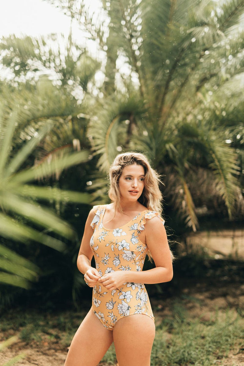 Yellow Floral Ruffle Sleeve One Piece